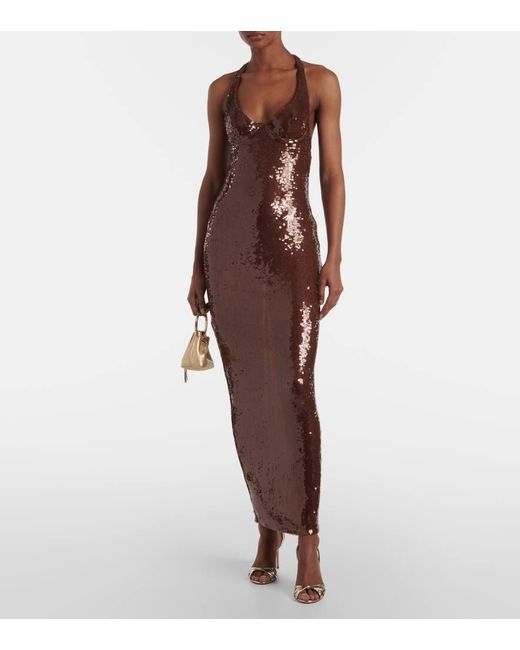The New Arrivals Ilkyaz Ozel Brown Coralie Sequined Halterneck Gown