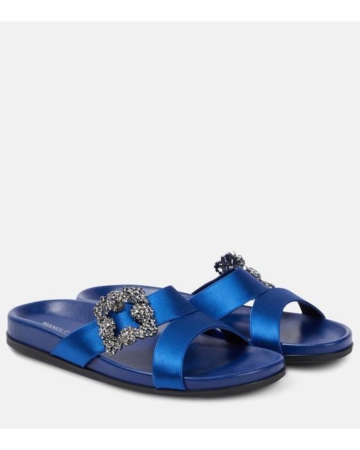 Manolo Blahnik Blue Chilanghi Embellished Satin Sandals