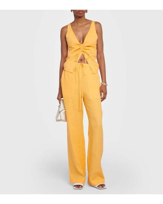 Nanushka Yellow Ruched Linen Top