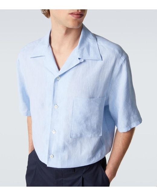 Zegna Blue Linen Bowling Shirt for men