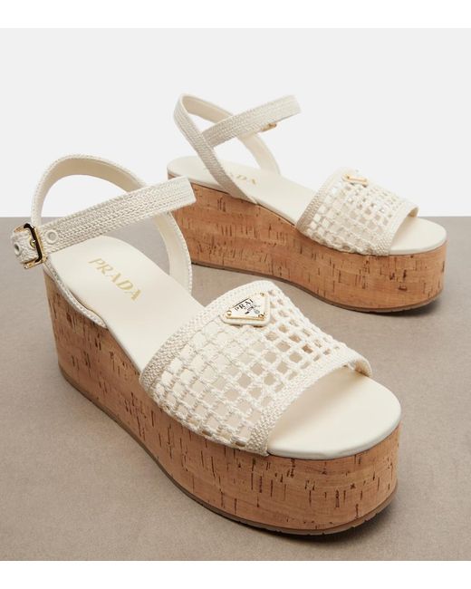 Prada Natural Crochet Wedge Sandals