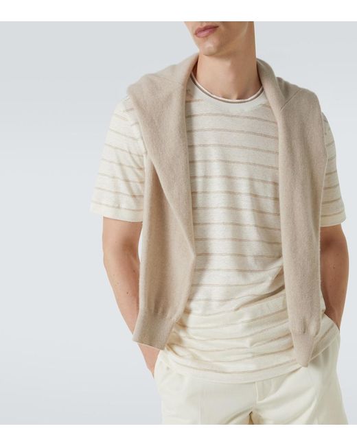 Zegna White Striped Linen-Blend T-Shirt for men