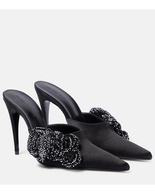 Magda Butrym Black Floral-Applique Embellished Satin Mules
