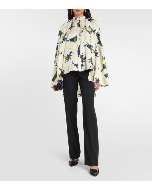 Oscar de la Renta Green Floral Cotton-Blend Blouse