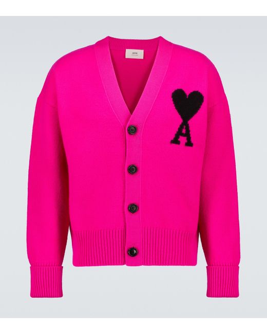 AMI Pink Ami De Coeur Virgin Wool Cardigan for men