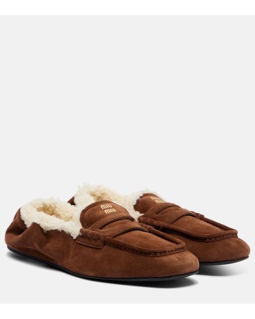 Miu Miu Brown Ruches Shearling-Lined Suede Penny Loafers