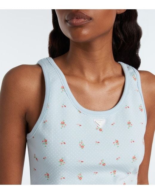 Prada Blue Floral Cotton-Blend Tank Top