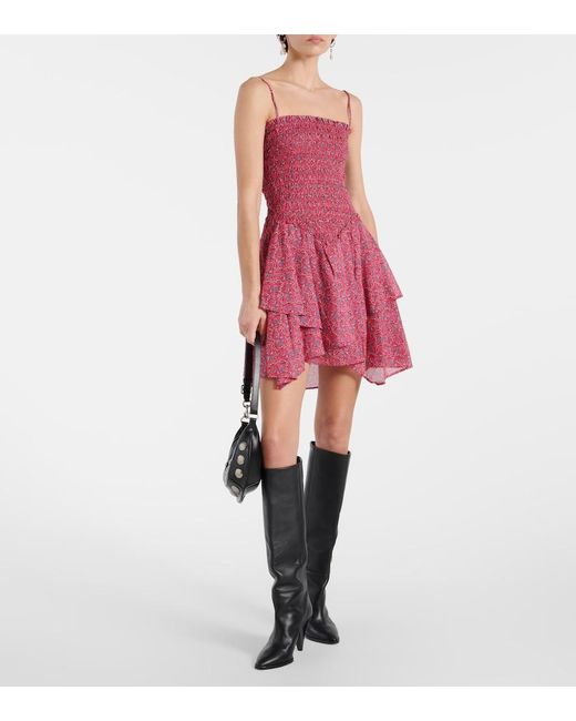 Isabel Marant Red Ankage Smocked Ruffled Cotton Minidress