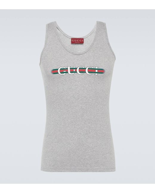 Gucci Gray Logo Ribbed-knit Cotton Jersey Tank Top for men