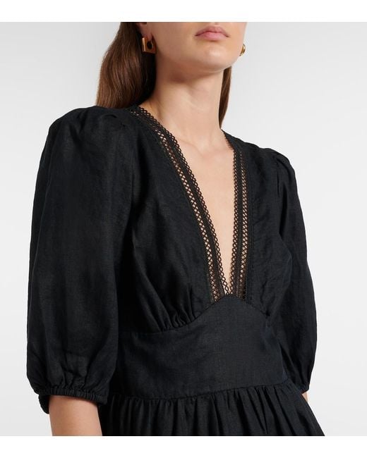 Heidi Klein Black Meteora Lace-Trimmed Linen Midi Dress
