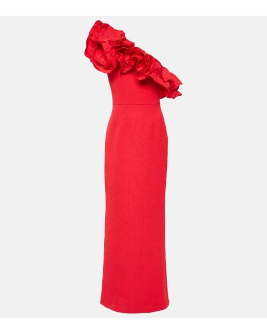 Rebecca Vallance Red Chiara One-shoulder Ruffled Taffeta-trimmed Cloqué Gown