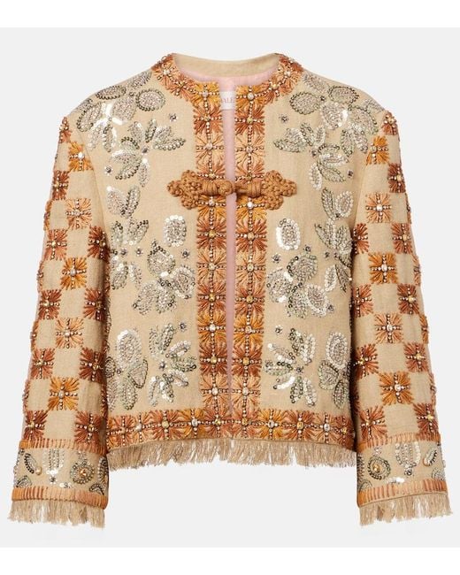 Valentino Brown Embellished Embroidered Linen Jacket