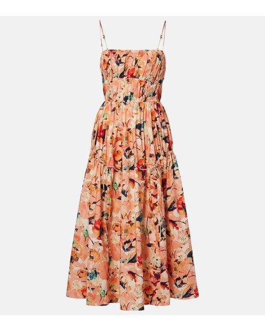 Ulla Johnson Orange Vidri Floral Cotton Poplin Midi Dress