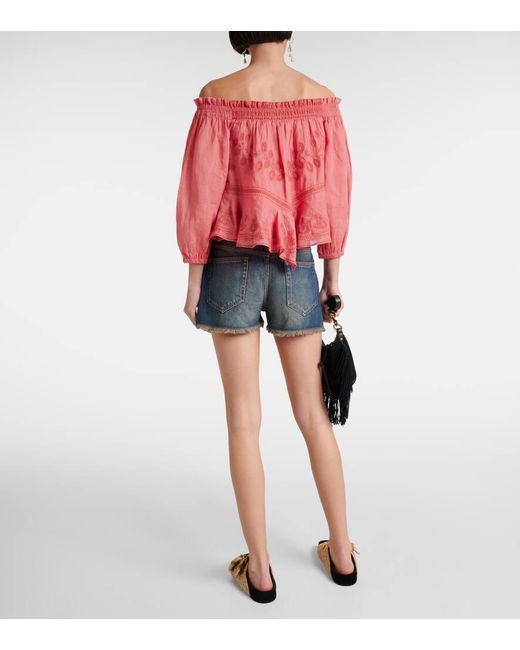 Isabel Marant Pink Erine Embroidered Off-Shoulder Top