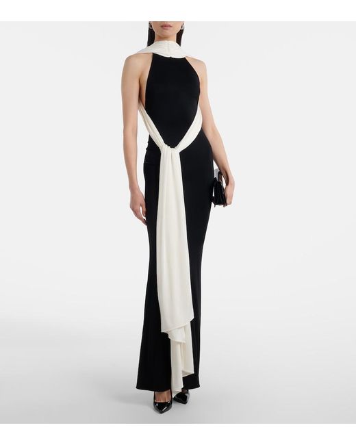 The New Arrivals Ilkyaz Ozel Black Leia Scarf-Detail Halterneck Gown