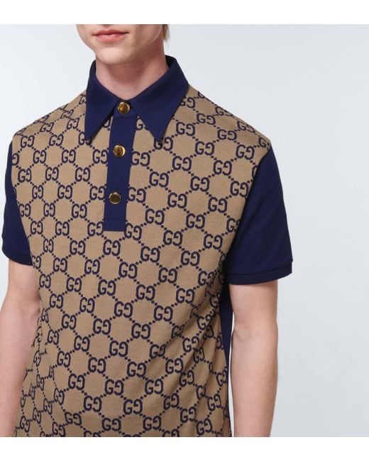 Gucci Blue Monogram Contrast-trim Silk And Cotton-blend Polo Shirt for men