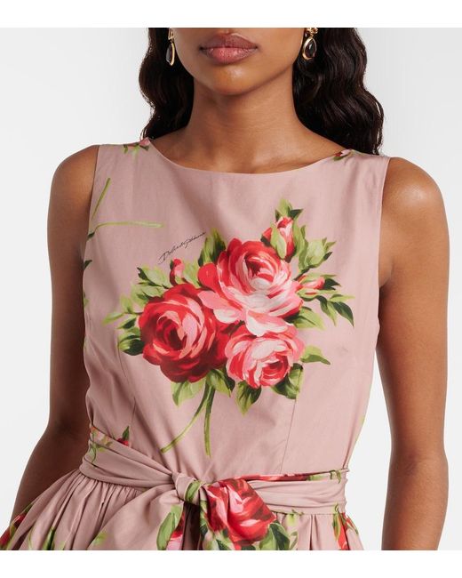 Dolce & Gabbana Red Floral Belted Cotton Midi Dress