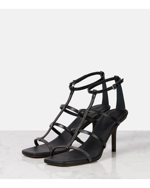 Brunello Cucinelli Black Leather Embellished Sandals 80