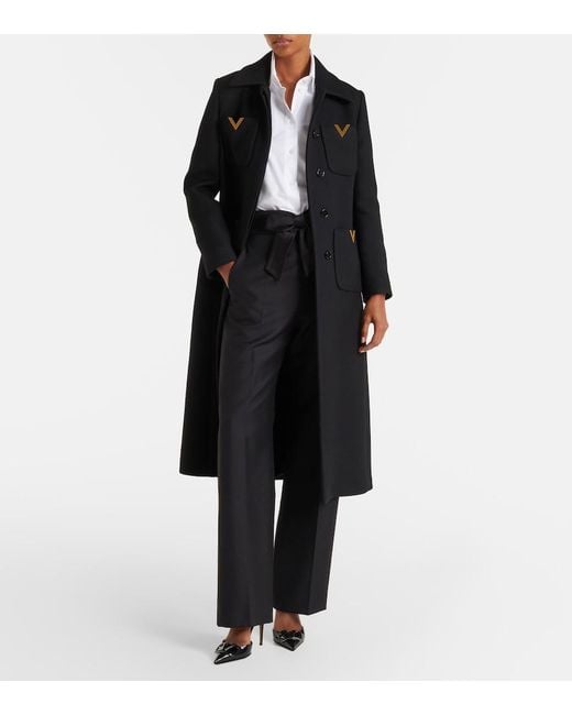 Valentino Black Vgold Belted Wool And Silk Coat