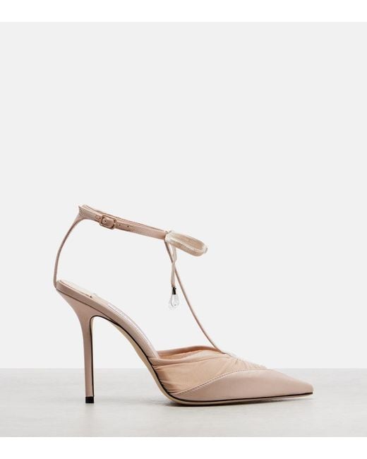 Jimmy Choo Natural Afia 100 Velvet-Trimmed Satin Pumps