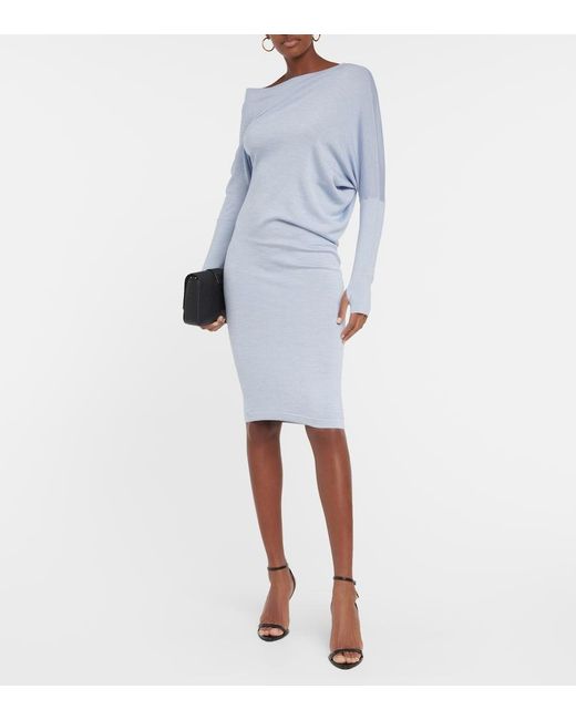 Tom Ford Blue One-Shoulder Cashmere And Silk Midi Dress
