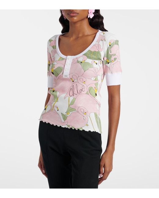 Chloé Pink Printed Cotton-Blend Henley Shirt