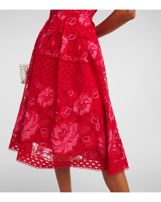 Elie Saab Red Floral Lace Midi Dress