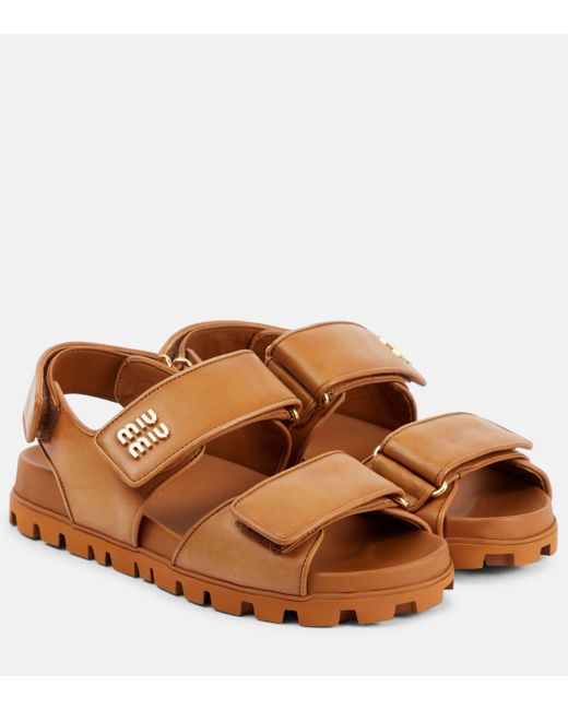 Miu Miu Brown Logo Leather Sandals