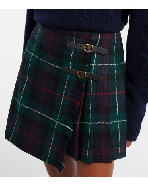 Polo Ralph Lauren Blue Plaid Pleated Wool Twill Wrap Skirt