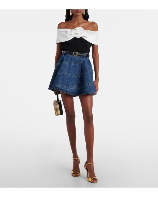 Self-Portrait Black Floral-Applique Off-Shoulder Crepe Top