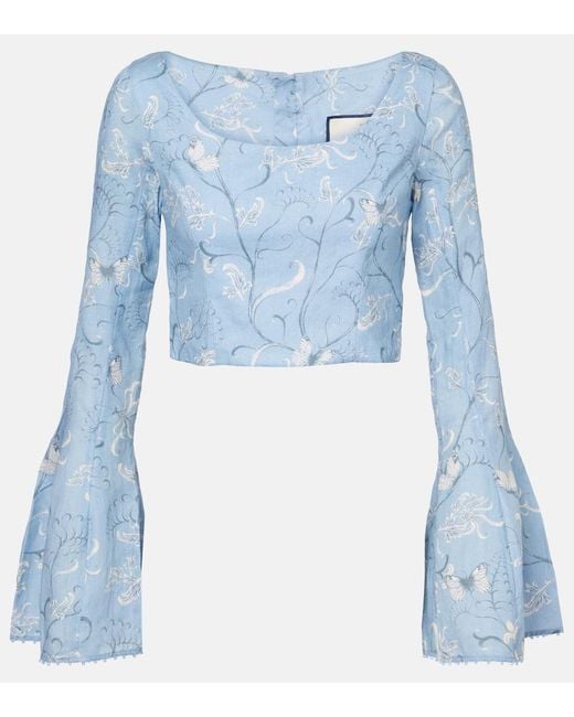 Agua Bendita Blue Limoncillo Lymanopoda Floral Linen Crop Top