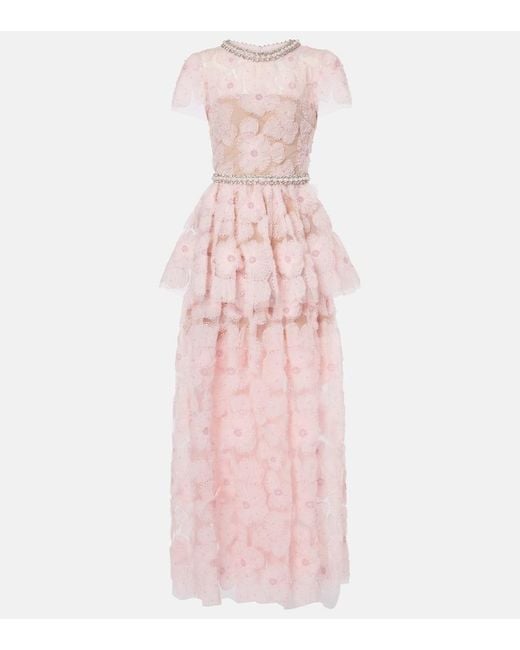 Self-Portrait Pink Embellished Floral Tulle Gown