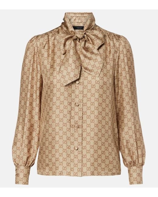 Gucci Brown Gg Tie-Neck Printed Silk Twill Blouse