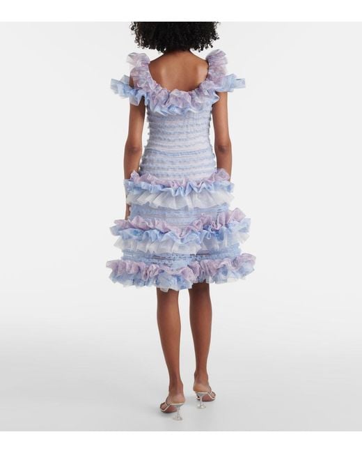 SUSAN FANG Blue Printed Smocked Ruffled Minidress