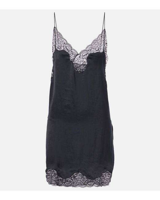 Saint Laurent Black Lace-Trimmed Satin Slip Dress