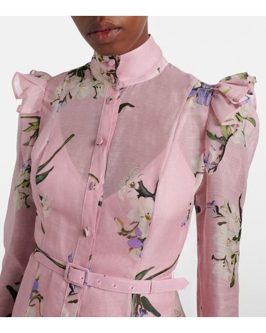LEO LIN Pink Katrina Floral Linen And Silk Midi Dress