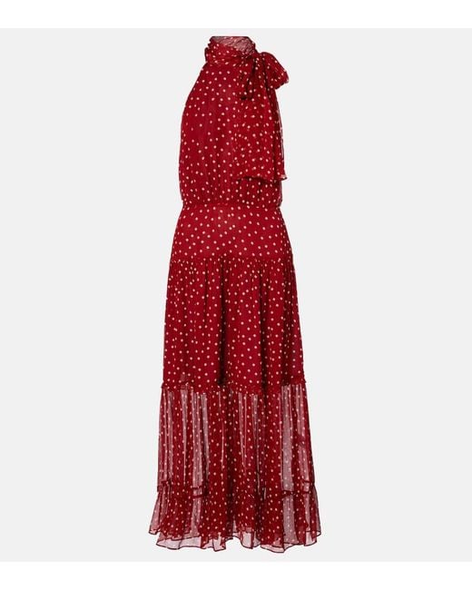 Rixo Red Abi Polka-Dot Chiffon Midi Dress