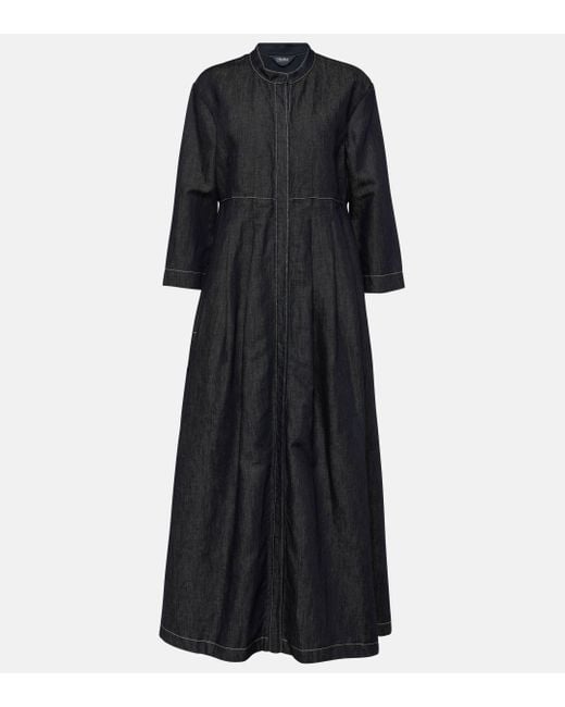 Max Mara Black Autore Pleated Denim Midi Dress