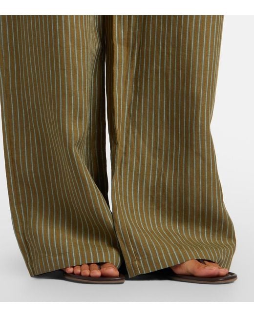 Staud Green Mateo Pinstripe Linen Wide-Leg Pants