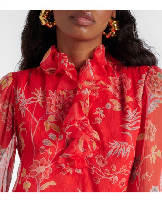 Etro Red Floral Ruffled Silk Blouse