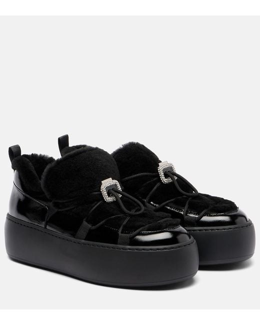 Roger Vivier Black Viv' Up Shearling And Patent Leather Sneakers