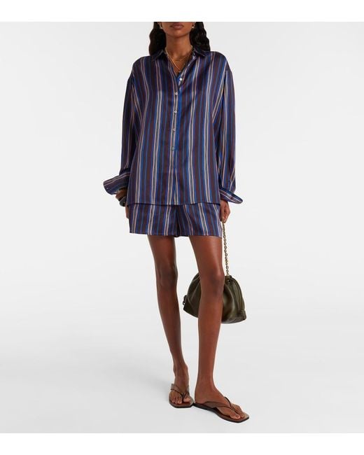 Asceno Blue Maya Striped Silk Charmeuse Pajama Shirt