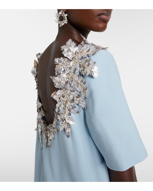 Oscar de la Renta Blue Fern Sequined Wool-Blend Gown