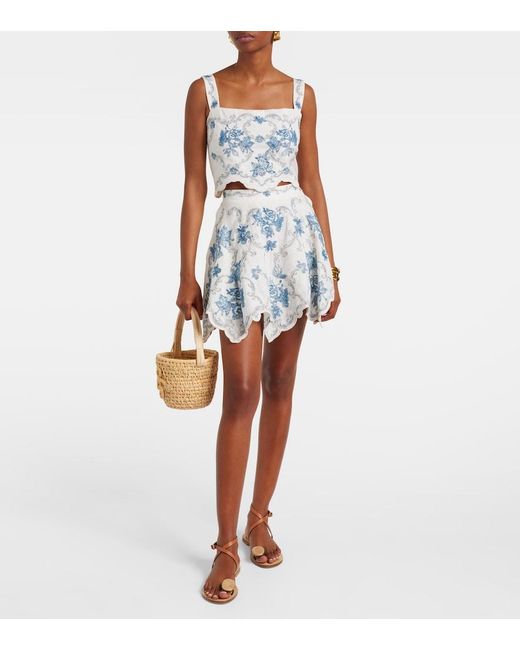 Agua Bendita Blue Retrato Embroidered Linen Miniskirt