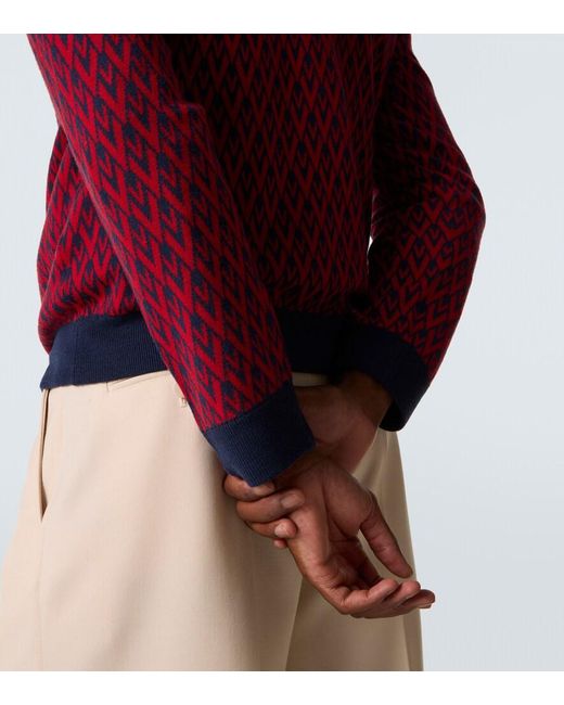 Valentino Red Toute La V Virgin Wool Jacquard Sweater for men