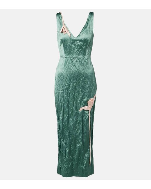 Erdem Women's Green Floral-Applique Satin Midi Dress