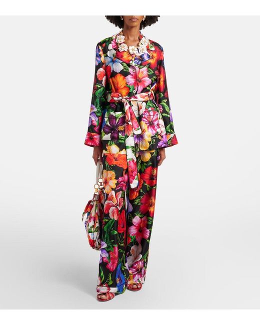 Dolce & Gabbana Red Belted Floral Silk Shirt