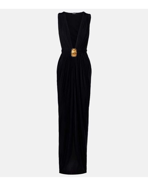 Balmain Black Embellished Jersey Maxi Dress