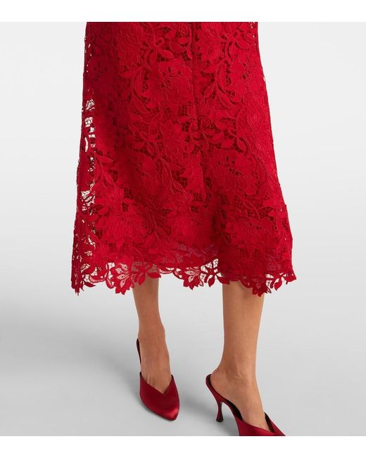 Monique Lhuillier Red Belted Lace Midi Dress