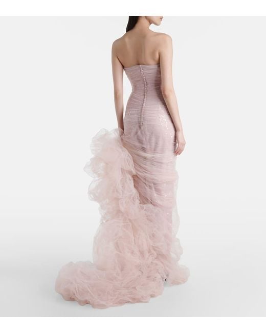 Marmar Halim Pink Sequined Ruffled Tulle Gown